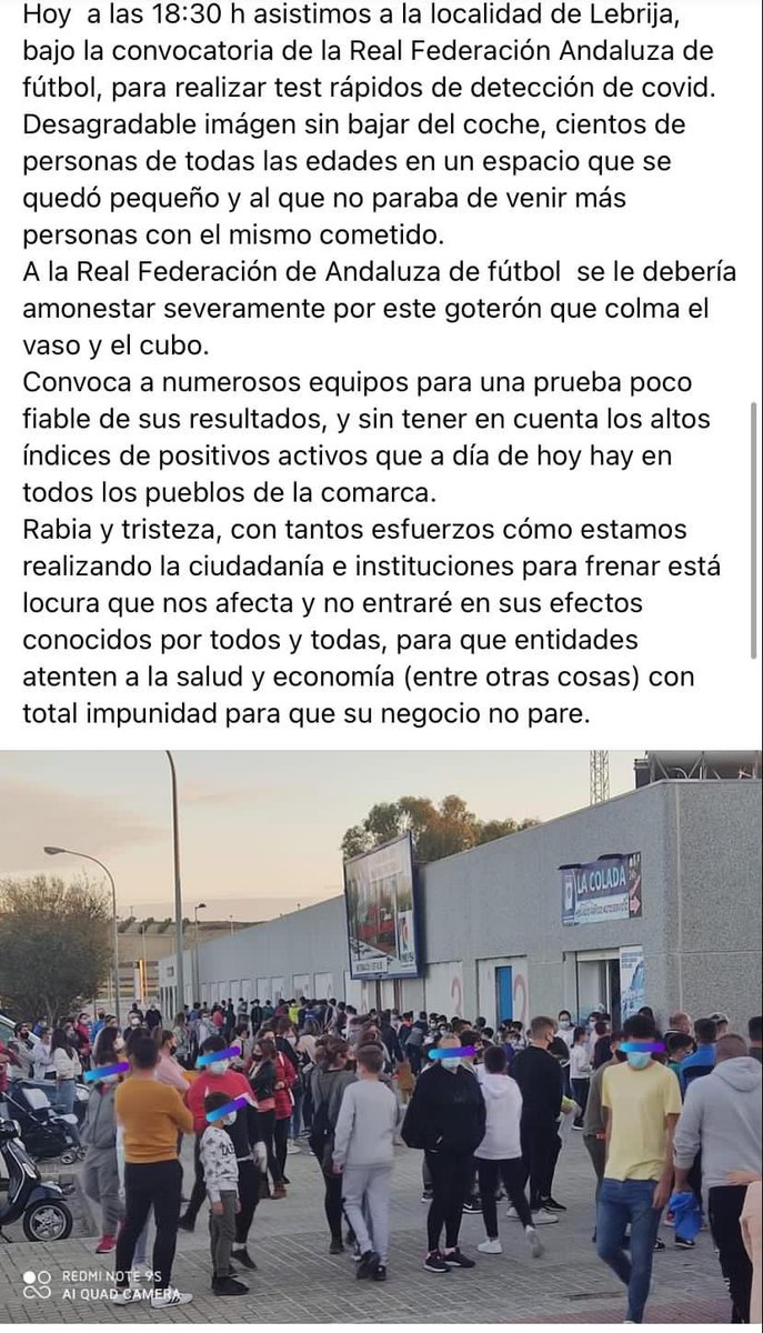 manueljrn1's tweet photo. 400 muertos todos los días ,lebrija en bandera roja y este es nuestro pueblo que concentra a la gente en la puerta del polideportivo poniendo en peligro a los más vulnerables. No se quien organiza esto pero no se debería hacer así ni mucho menos permitirlo desde el ayuntamiento. https://t.co/VsGQkH4dT9