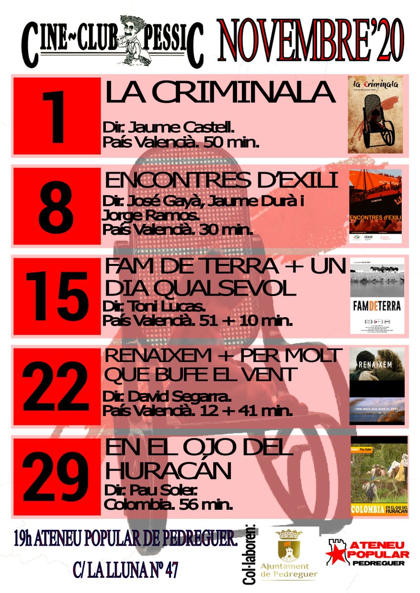 PessicPedreguer's tweet photo. Diumenge continuem amb els #documentals a la programació de novembre.
Veurem "Fam de Terra" i "Un dia qualsevol" acompanyats del seu director Toni Lucas.
Serà a les 19.00h a l'Ateneu Popular de #Pedreguer.
Vos esperem!!! https://t.co/tXnpC4chQ3