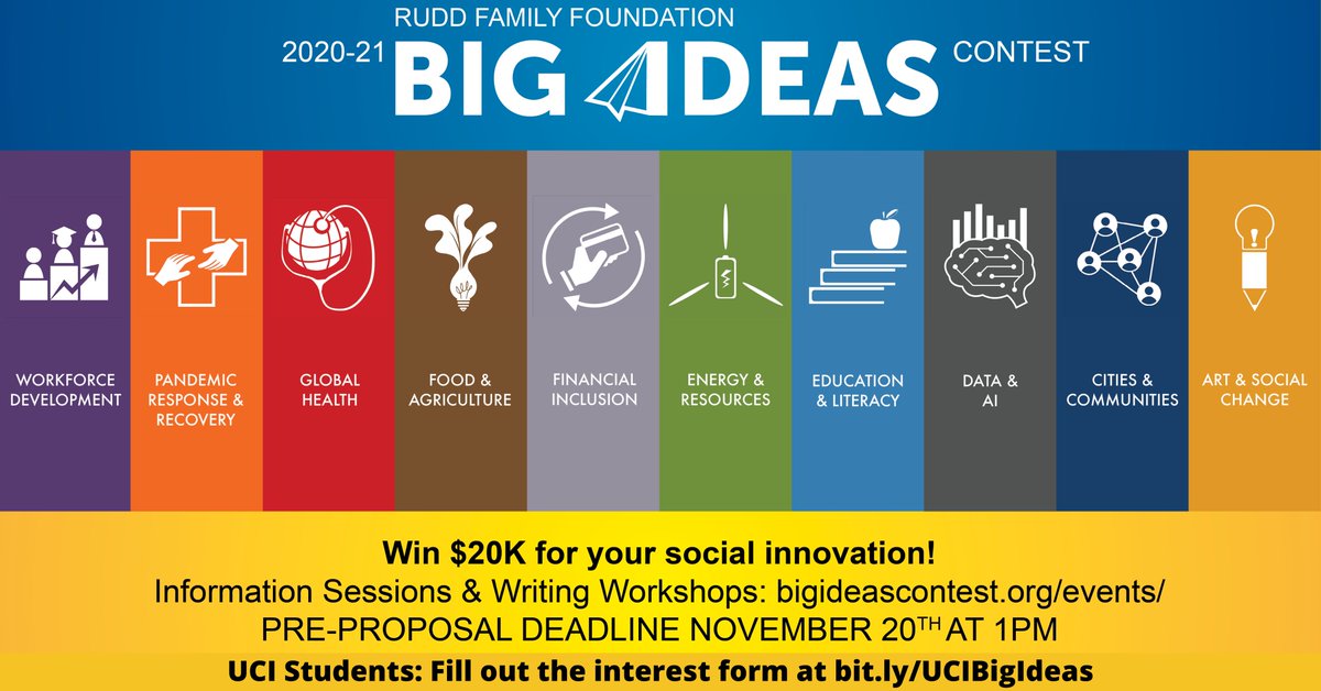 Anteaters: Check out this opportunity to kickstart your social innovation! The <a href="/BigIdeasContest/">Big Ideas Contest</a> deadline is Nov. 20. Apply to receive up to $20K in funding as well as skill development, networks, &amp; <a href="/UofCalifornia/">University of California</a> -wide recognition.  

Info: bit.ly/UCIBigIdeas