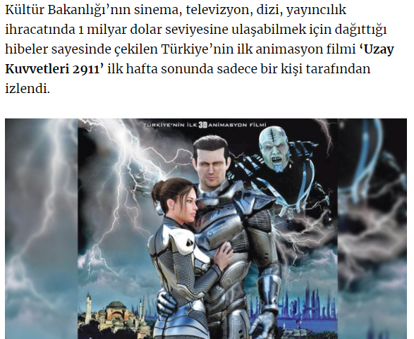 "bizim neden bilim kurgu fiti fiti" diyenler.. uzay kuvvetleri 2911 de murat kaptanı seslendiren umut tabak "polat alemdarı seslendiren" olmasına rağmen, ilk hafta bir kişi izledi. hadi atv kanalı yayınlasın görelim bakalım bilimle şeyi harmanlayınca olacak mı :D
 #Akinci