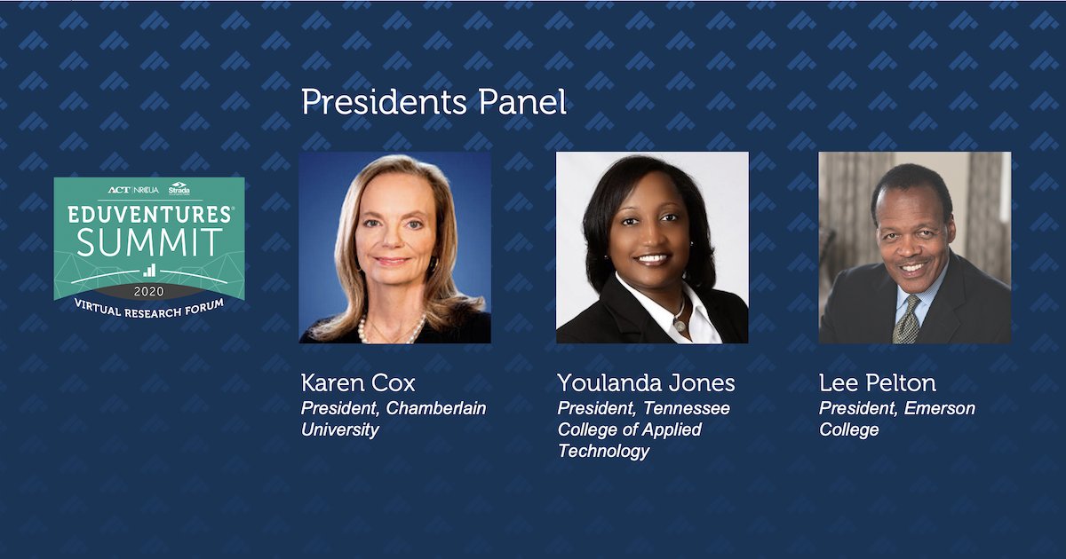 EduventuresInc's tweet photo. Our last session of the day features presidents from @chamberlainedu, @tcatcovington, and @EmersonCollege reflecting on this unusual fall semester and candidly speaking of strategies that will take their institutions into a new normal in 2021. #EVSummit20 https://t.co/JvnqLOjxoI