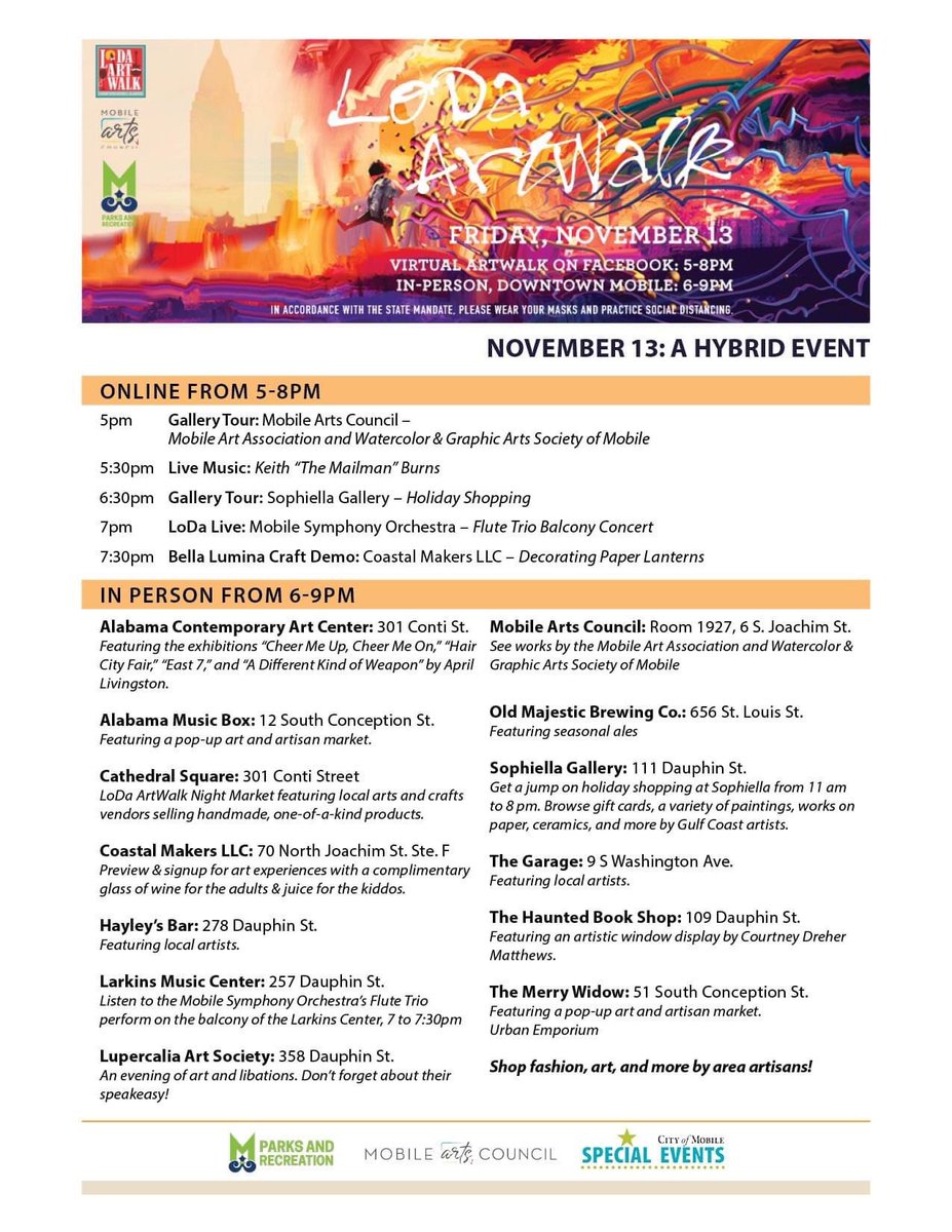 MobileArts's tweet photo. See you tomorrow night for November ArtWalk - online OR in person! #LoDaArtWalk #MobileStrong https://t.co/a8cNsViSNp
