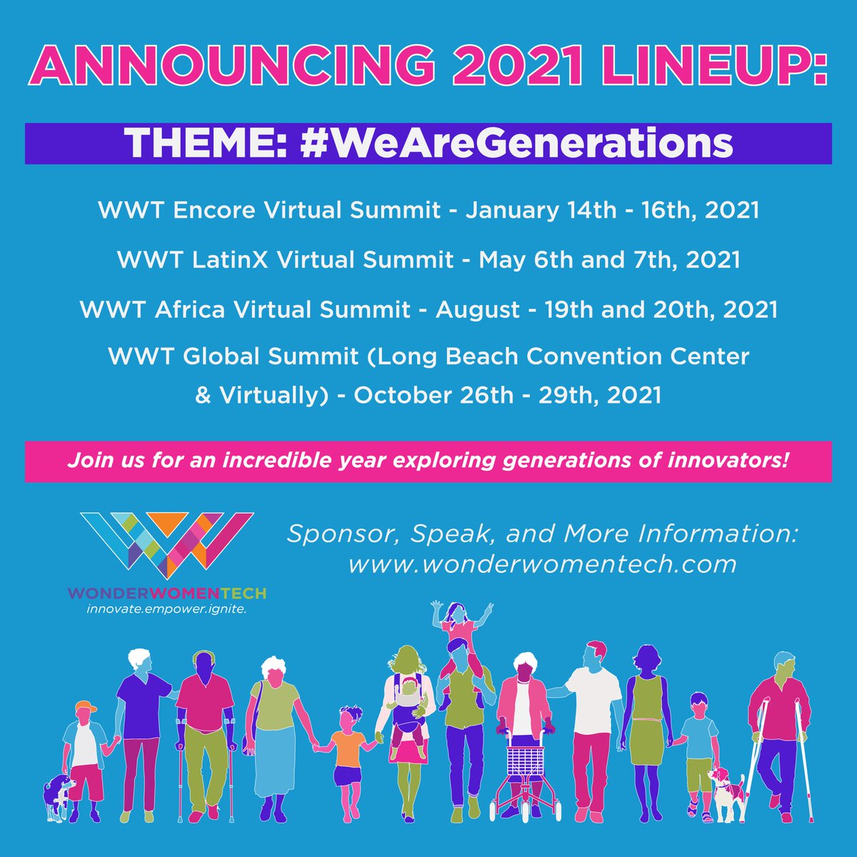 MissLisaMae's tweet photo. I'm THRILLED to announce @wonderwomentech 2021 lineup! We've been working hard to put together an incredible year ahead exploring our theme: #WeAreGenerations. We are embarking on an ENTIRELY NEW adventure and built an ONLINE Community and more! Join us: https://t.co/rJ4G2ifqrf https://t.co/VaaGY7OR9n
