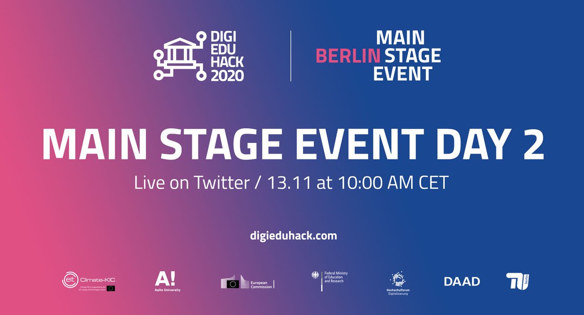 #DigiEduHackLive, Day 2!

Twitter #Livestream: 
13.11 at 10:00 AM CET, #live from Berlin

What's on?
10:00 CET Hello, World
10:15 CET Berlin calling: hackathon check
10:30 CET #FutureSkills+#LifeLongLearning
11:45 CET 2020 Ed+Training Monitor launch 

📡STAY🛰️TUNED📻!