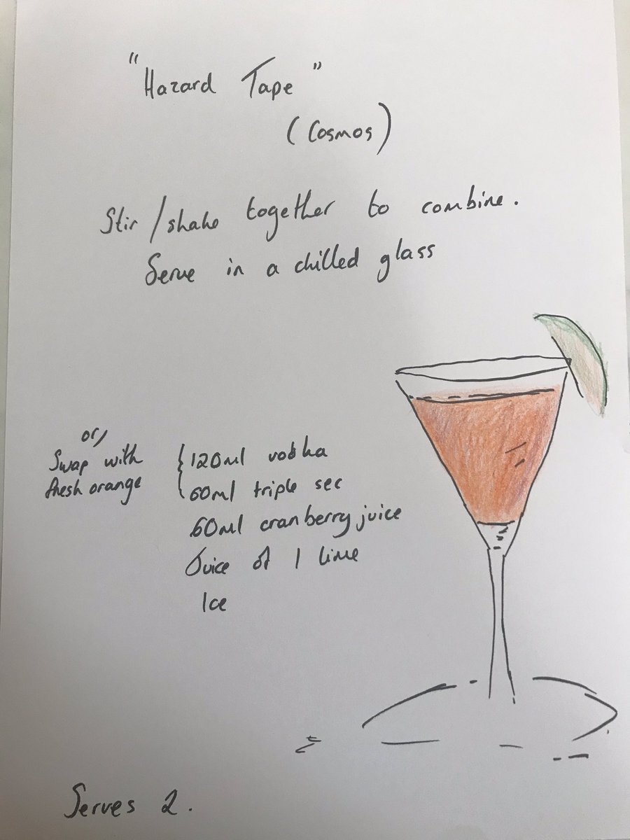 As people expressed an interest, a while back when I mentioned planning this, here are the archaeology themed cocktail/mocktails planned for zoom class of 2010 reunion. I am teetotal so this is entirely based on colour and google. This first one is ‘hazard tape’