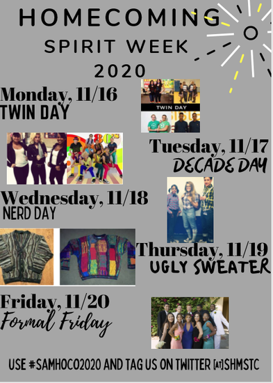 APGonzalez_HISD's tweet photo. Hey Tigers! Did y'all hear? @SHMSTC 2020 Homecoming Spirit Week is the week of 11/16. Tigers use #SamHOCO2020 when posting your pictures. In-person and remote students encouraged to participate. https://t.co/oXokMx8uFn