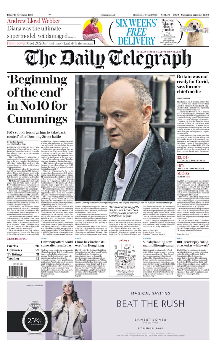 spyblog's tweet image. More pro #Cummings spin from The Telegraph front page (ignore the headline)- we have hear it all before that he will be resigning after some arbitrary deadline in the future. #SpAds described as being on " #ResignationWatch"  Suspect he will only go after #Johnson does.