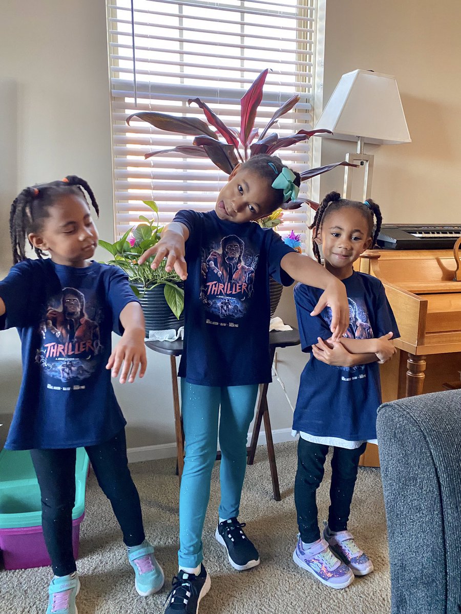 Shackelford Shenanigans - “Halloween Hangover”
The girls proudly wore their “Thriller” shirts to school yesterday. They are indeed “daddy’s girls.”😍😍😍
#ShackelfordGirls
#ShackelfordShenanigans 
#JacksonFans 
#MichaelJackson
#Thriller