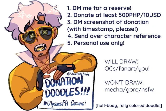 [COMMISSIONS FOR A CAUSE!] #UlysessPH 
accepting 5 slots for half body doodles!! please donate to any of the donation drives available,,,,thanks in advance!! 