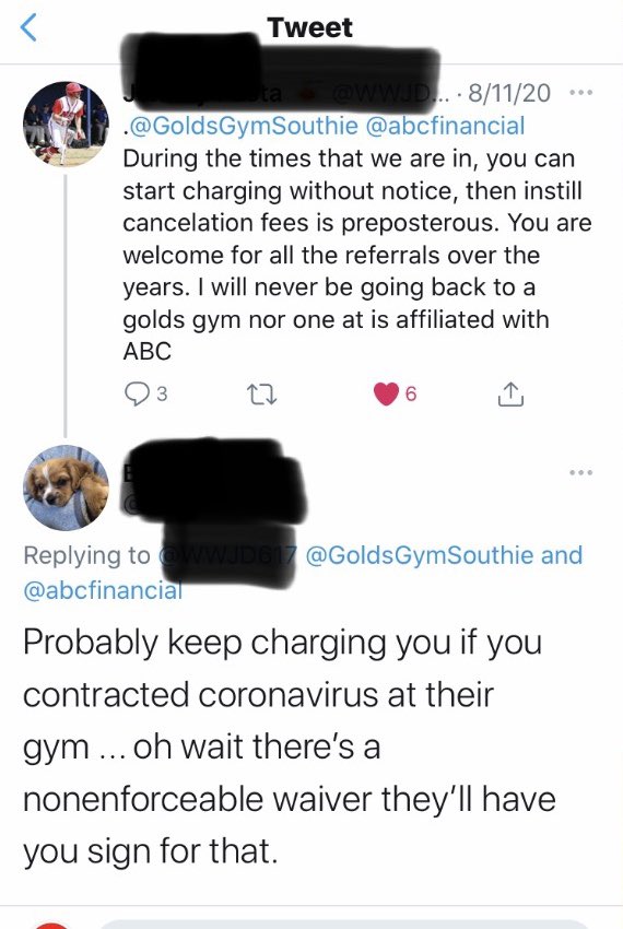 CancelGolds's tweet photo. How long until a class action lawsuit is filed against @abcfinancial and the gyms they manage (@GoldsGym, @retrofitness, etc.)?

Their members simply want to stop paying for a service that they cannot use during the pandemic.

Reach out to us to connect and share you stories. https://t.co/x5Ida44esv