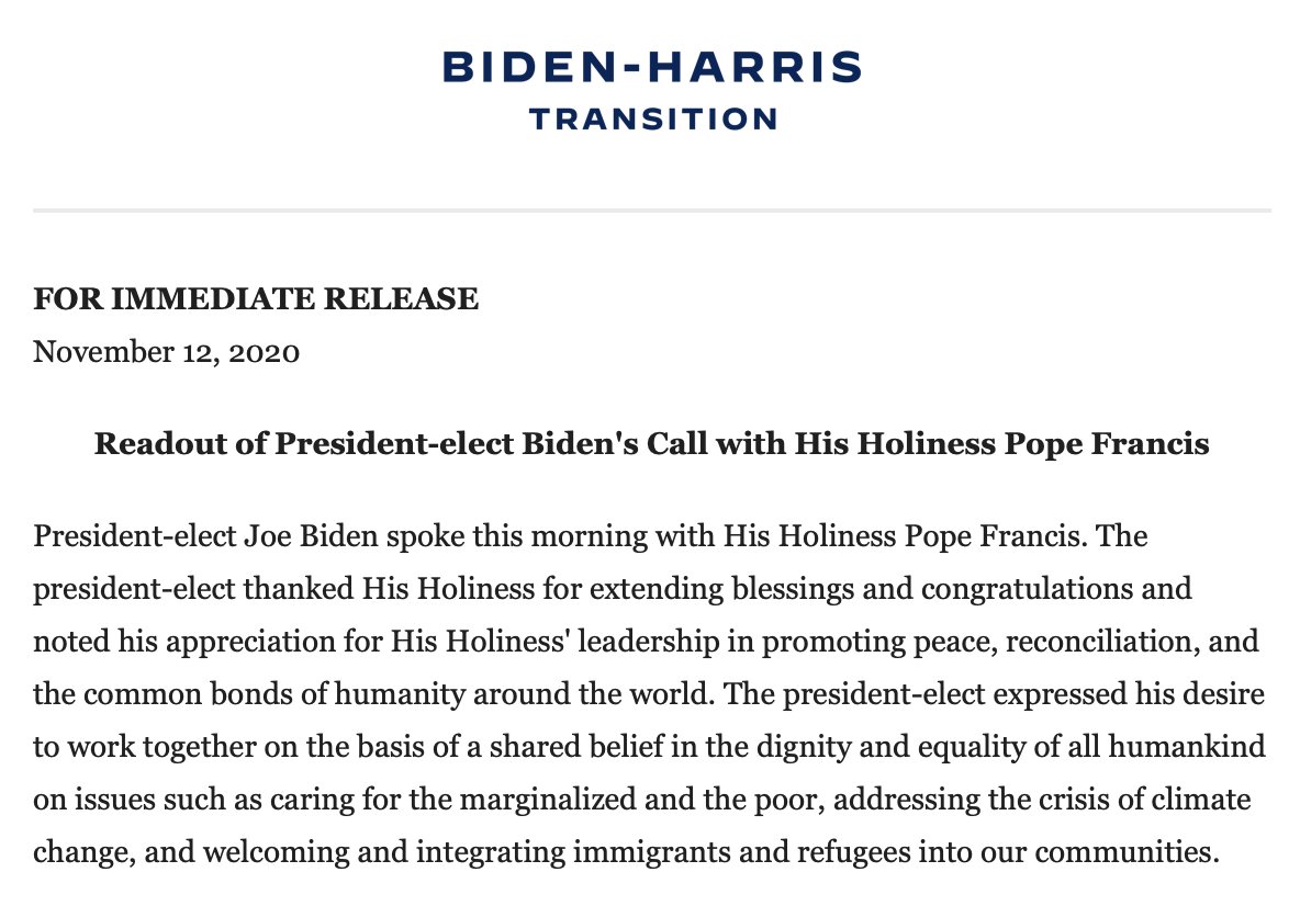 NEW: President-elect Joe Biden spoke this morning with Pope Francis: "The president-elect expressed his desire to work together on the basis of a shared belief in the dignity and equality of all humankind." abcn.ws/3po1tRO