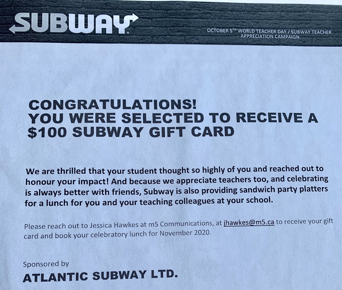ycmhsnews's tweet photo. A huge shoutout to Mrs. Emond for winning a recent Subway competition where students wrote in and recommended inspiring teachers. As a result of the win, she not only was awarded a $100 gift card, but she also won a subway lunch for the entire staff. Way to go, Mrs. Emond! https://t.co/Sz6FjaNkZf