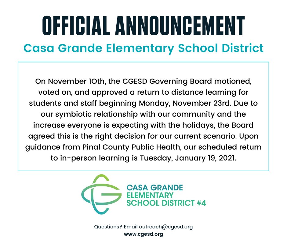 CGESD4's tweet photo. Our district will be returning to distance learning effective November 23, 2020. We are working to solidify on-site learning support centers in our community to assist families that may need on-site learning services. We will communicate those details when they become available. https://t.co/QrCoEDlzc0