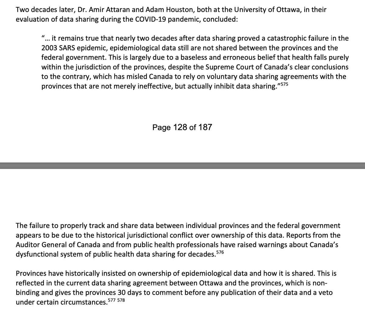 So how is it that, during a pandemic, provinces can just decide to not share data with PHAC on a whim? Mario Possamai, senior adviser to the original 2007 SARS report, explained this in detail in his recent report.  https://static1.squarespace.com/static/5f6cf5f31b4f4b396a560f8c/t/5f7a7e4e2222f627ad2a2589/1601863249184/a_time_of_fear_full.pdf