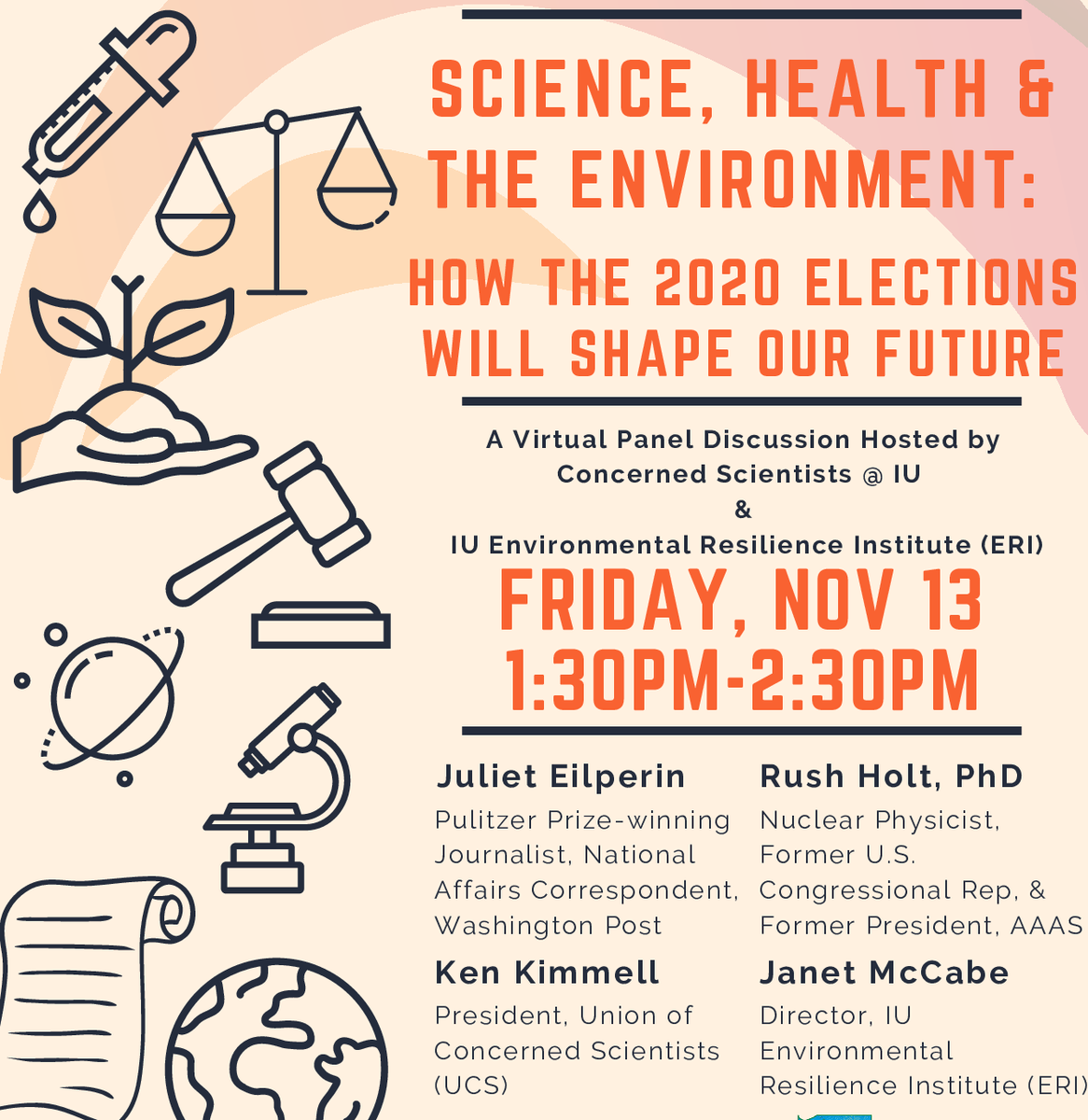 Join <a href="/CSIUB/">Concerned Scientists</a>, <a href="/ASIU_Bloom/">Advocates for Science at IU</a>, and <a href="/Prepared4Change/">IU Environmental Resilience Institute</a> tomorrow from 1:30 - 2:30, for a Fall Forum, "Science, Health, Environment: How the 2020 Elections will Shape our Future." 

Registration required: iu.zoom.us/meeting/regist…