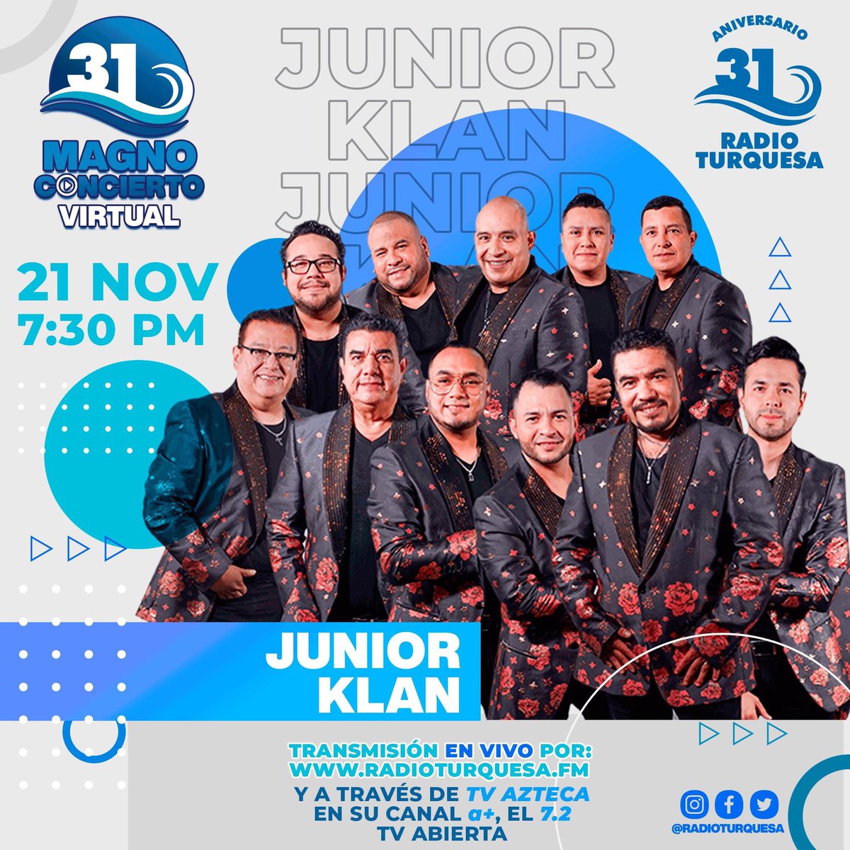 radioturquesa's tweet photo. Este sábado 21 de Noviembre tendremos el #MagnoConcierto Virtual 31 Aniversario @radioturquesa 🎧
@OfJuniorKlan 🪘🎷@NelsonKanzela3 🕺@Elpulpoalfredo 🐙🎹@supercaracoles_ 🐌 estarán en el #MagnoConcierto31 de #RadioTurquesa #LaQueManda 📻
Sigue la transmisión #EnVivo 🔴 vía web https://t.co/k1bSI0Sv62