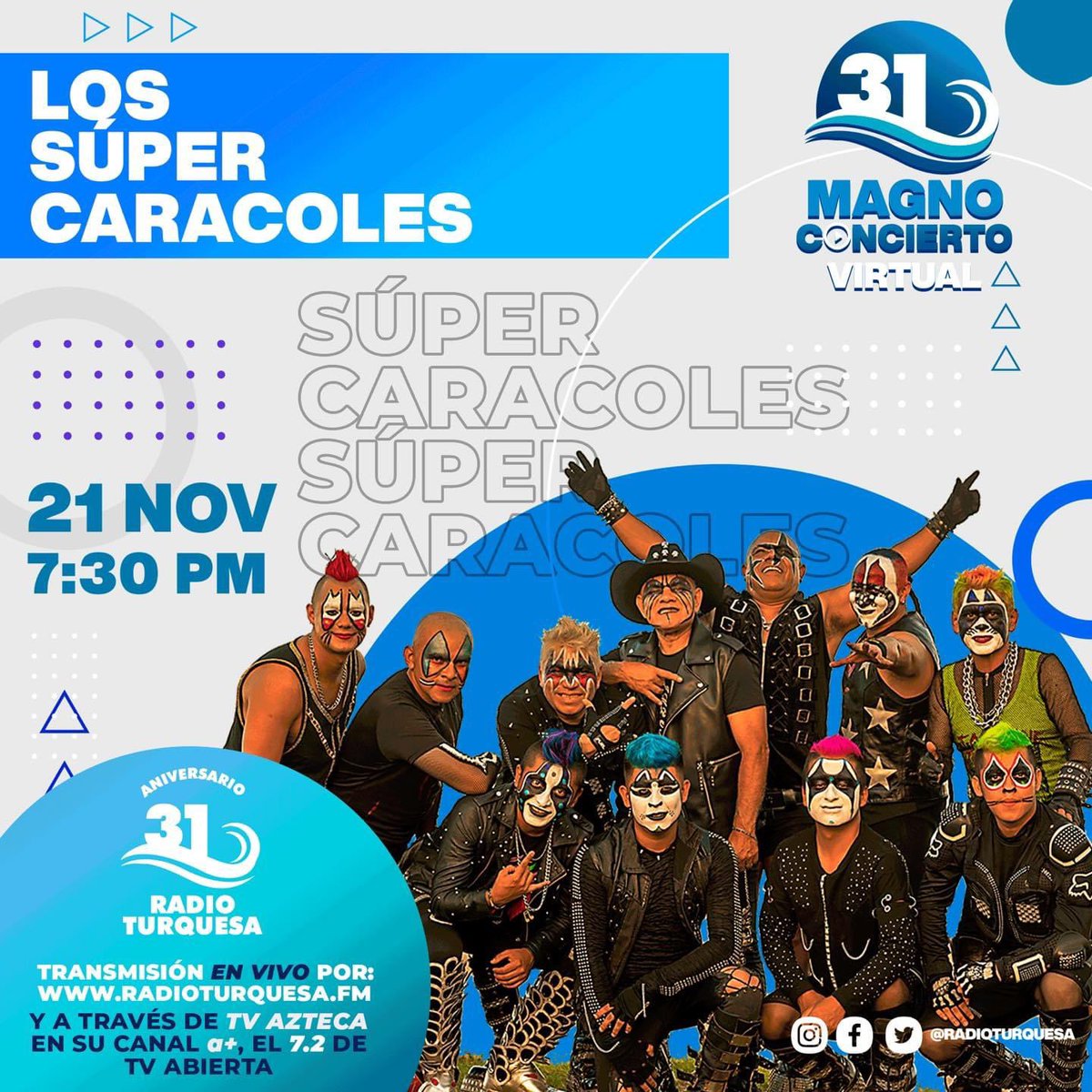 radioturquesa's tweet photo. Este sábado 21 de Noviembre tendremos el #MagnoConcierto Virtual 31 Aniversario @radioturquesa 🎧
@OfJuniorKlan 🪘🎷@NelsonKanzela3 🕺@Elpulpoalfredo 🐙🎹@supercaracoles_ 🐌 estarán en el #MagnoConcierto31 de #RadioTurquesa #LaQueManda 📻
Sigue la transmisión #EnVivo 🔴 vía web https://t.co/k1bSI0Sv62