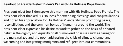 NEW: President-elect Biden spoke with Pope Francis on Thursday morning, transition team says.
