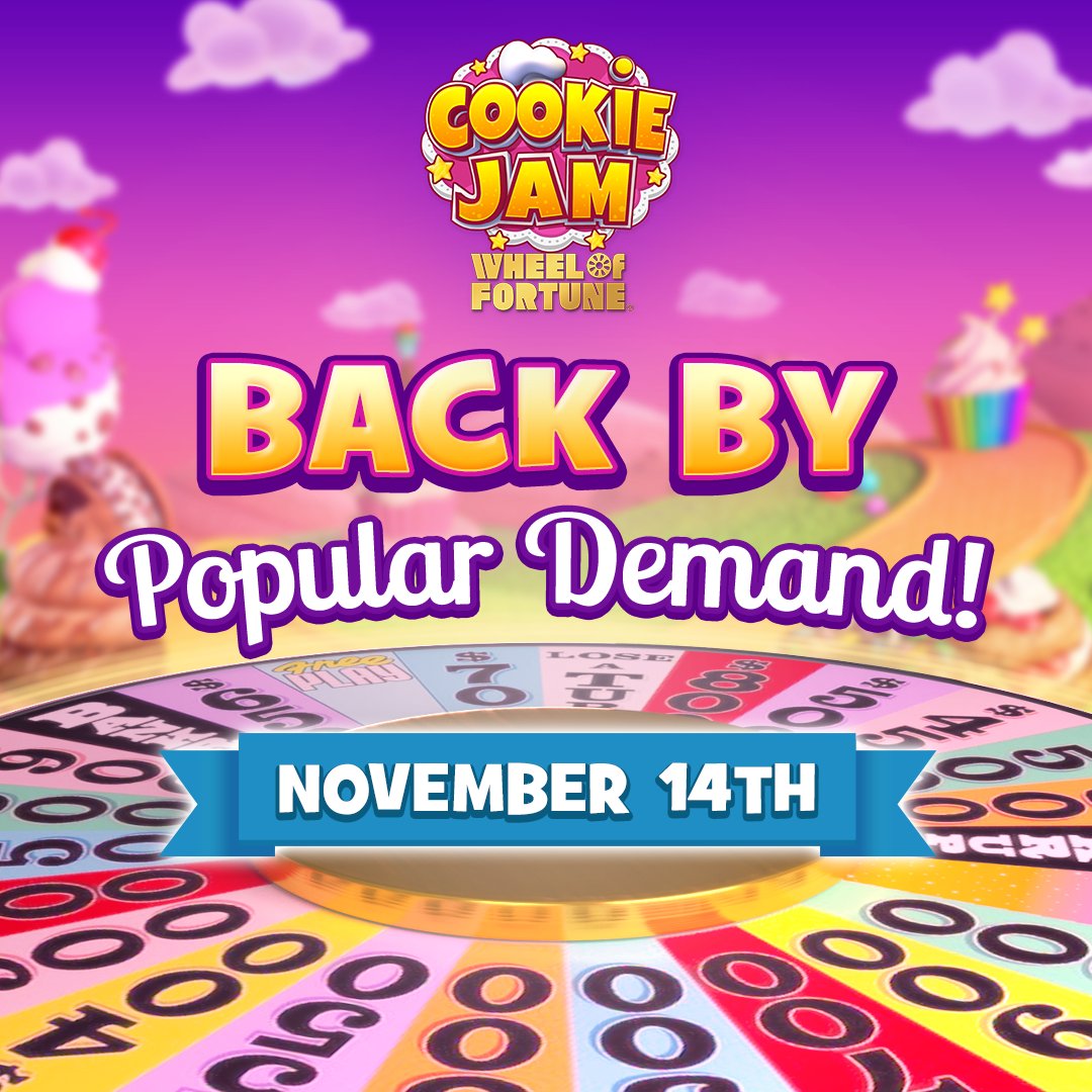 playcookiejam's tweet photo. Save the Date Jammers!π
Nov 14th marks the reunion of the Cookie Jam and @Wheel of Fortune
#MakeLifeSweeter #PlayCookieJam #WheelOfFortune https://t.co/gDCbSg4Wgl