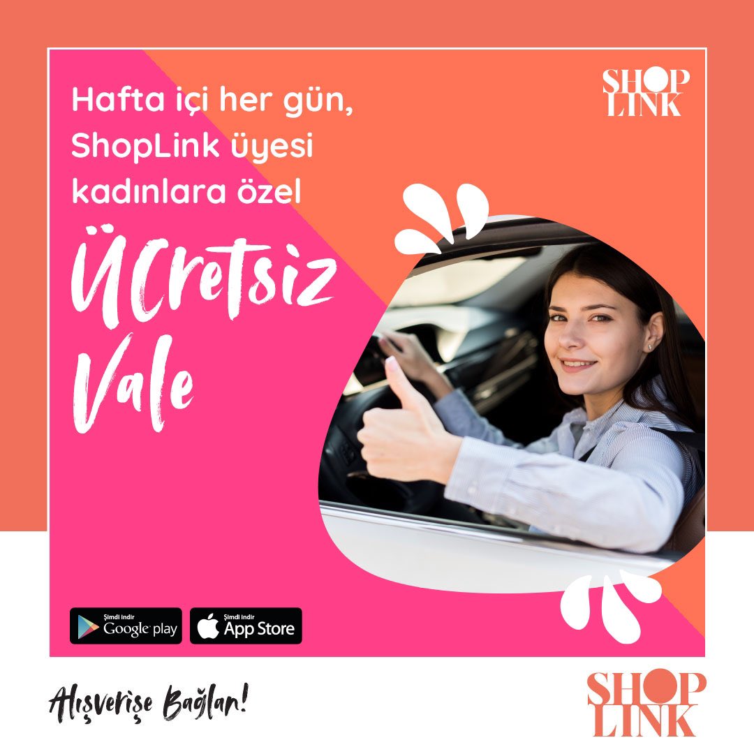 Adana Optimum, Hilltown Karşıyaka, Hilltown Küçükyalı, İstanbul Optimum Premium Outlet, İzmir Optimum, Kozzy ve Maltepe Piazza'da ShopLink üyesi kadın ziyaretçilerimize, hafta içi her gün vale hizmeti ücretsiz!💁🏻‍♀️🚗