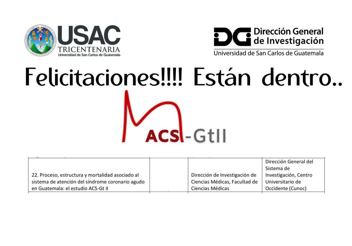 gt_acs's tweet photo. ¡El segundo año del Registro Nacional de Síndromes Coronarios Agudos (ACS-Gt) ha sido aprobado por la USAC! / The second year of the Acute Coronary Syndromes Registry (ACS-Gt) is approved by USAC! https://t.co/ALcoinn9H5
