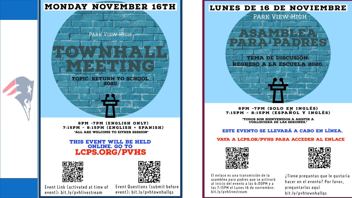 PVH Students and Staff! Don't forget to join the Townhall Meeting NEXT Monday (11/16) at 6pm (English ONLY) or 7:15pm (English/Spanish)!
