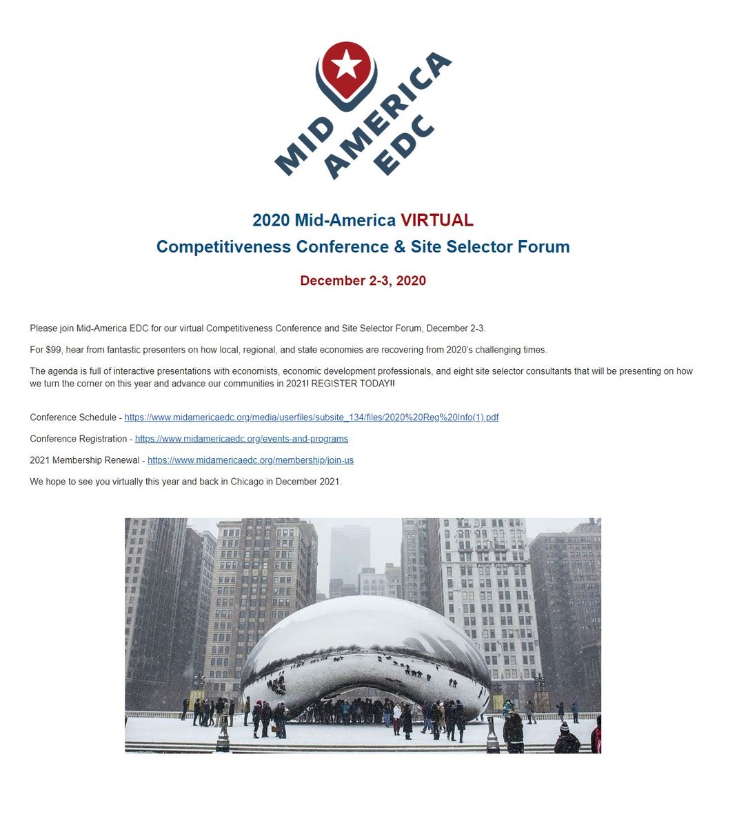 _MAEDC's tweet image. Need a change of scenery from your remote workdays?
Join #MidAmericaEDC for our virtual Competitiveness Conference and Site Selector Forum on December 2-3!
REGISTER TODAY!! Links here: j.mp/2Fox1En 

#CompetitivenessConference #SiteSelectorForum #EconomicDevelopment