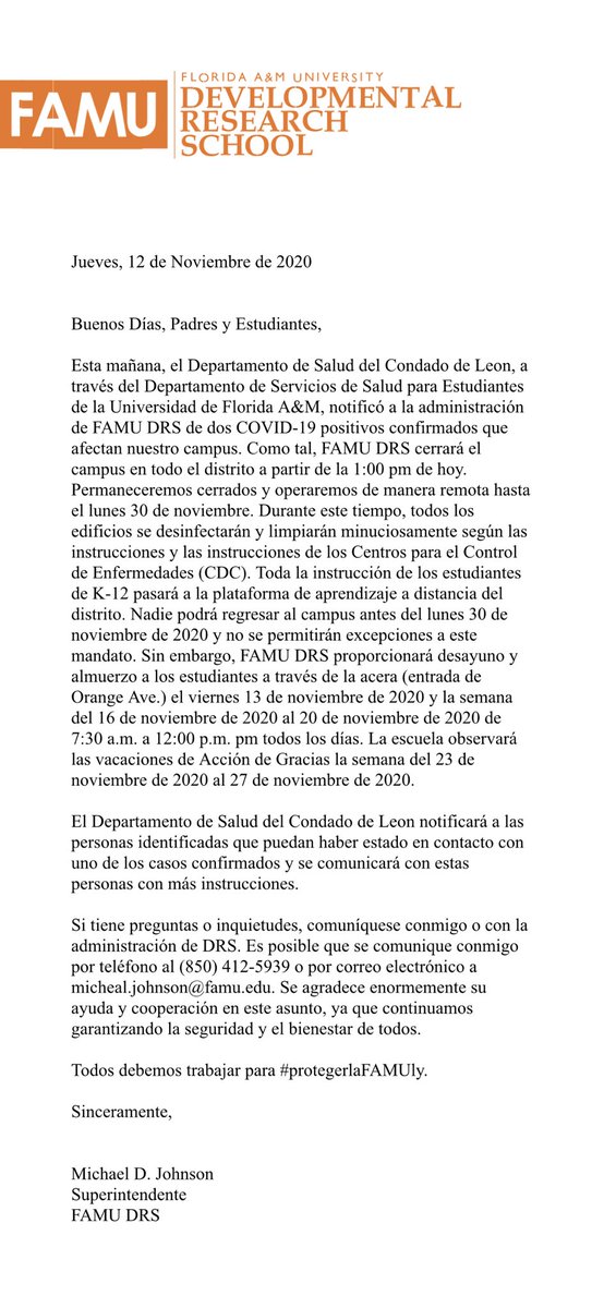 The Leon Co. Health Department &amp; FAMU Student Health Services notified FAMU DRS administration today of confirmed COVID-19 affecting our campus. DRS will close and transition to distanced learning today at 1pm until November 30, 2020. 

See more in the documents below