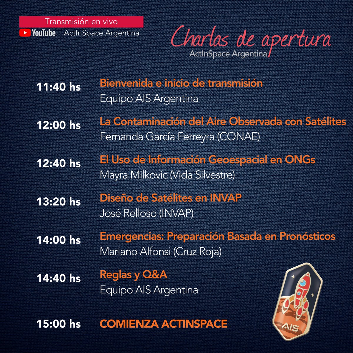 ActInSpaceArg's tweet photo. Estas son las charlas que vamos a tener antes del inicio del hackatón, desde las 11:40hs del viernes! 🚀

Link: https://t.co/saDlUA2h0W https://t.co/1Lpf8Qcg7q
