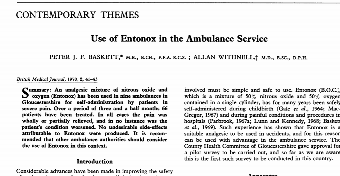 Just discovered that it's 50 years since British ambulances started routinely carrying Entonox for pain relief. Though it's gone virtually unnoticed, this is a much more significant anniversary than it might at first appear...