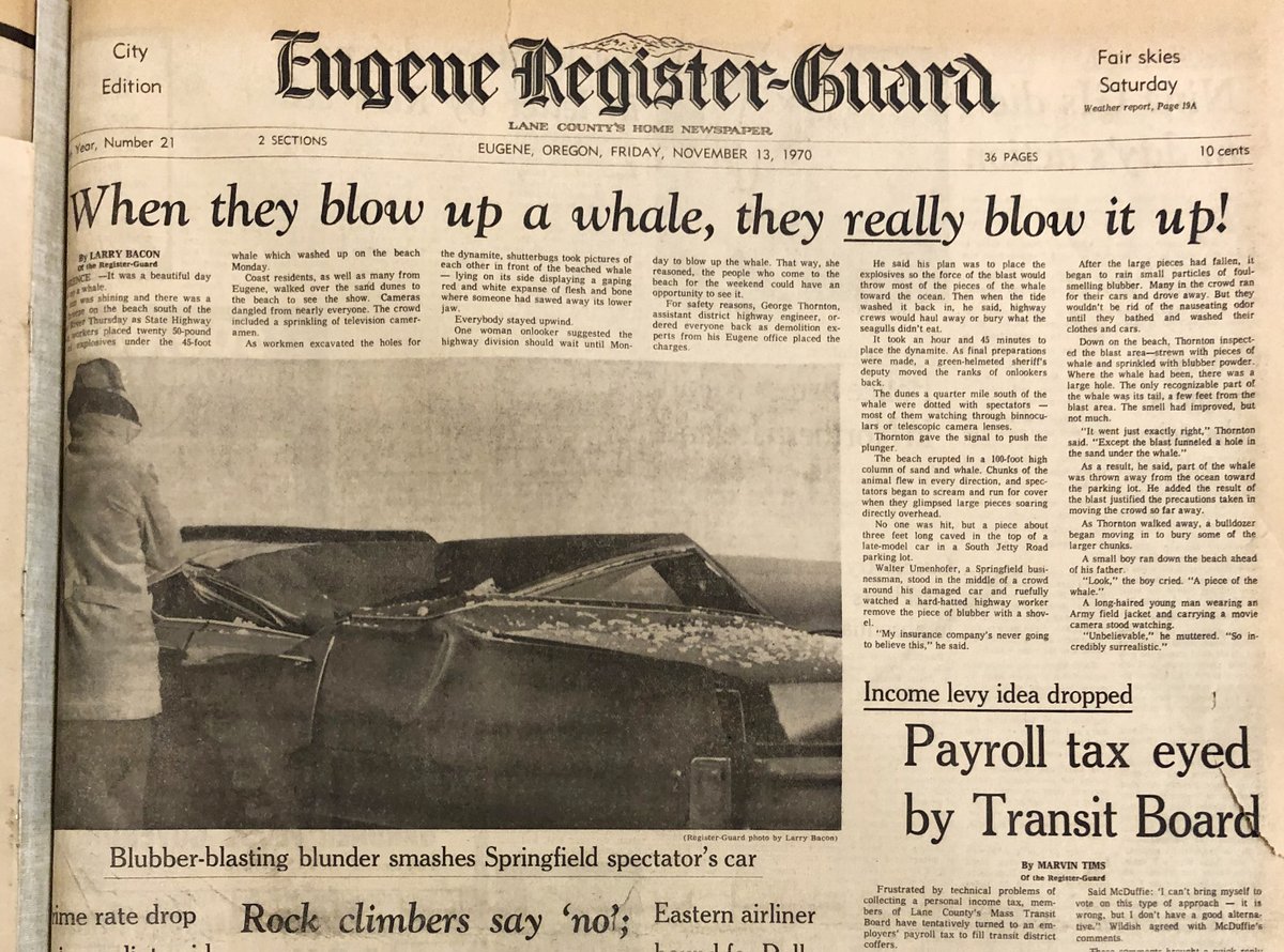 ChrisPietsch's tweet image. I was able to find the original front page in the @registerguard morgue @robertrdenton 

#explodingwhale