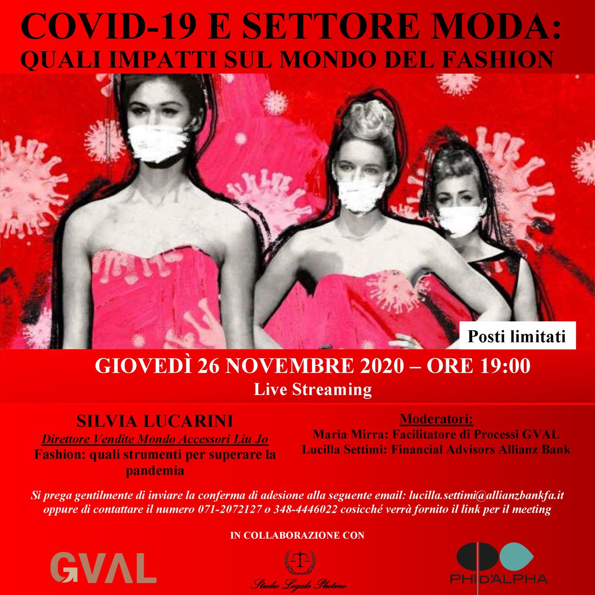 GeneraValore's tweet photo. Il 26/11/2020 alle ore 19 Vi aspettiamo ad un evento di Alta Formazione in live streaming.
Sarà con noi Silvia Lucarini Direttore Vendite Mondo Accessori della Liu Jo a cui potrete porre i Vostri quesiti sul mondo della fashion.
#gval #generavalore #phidalpha #livestreaming https://t.co/INUN56J8k8