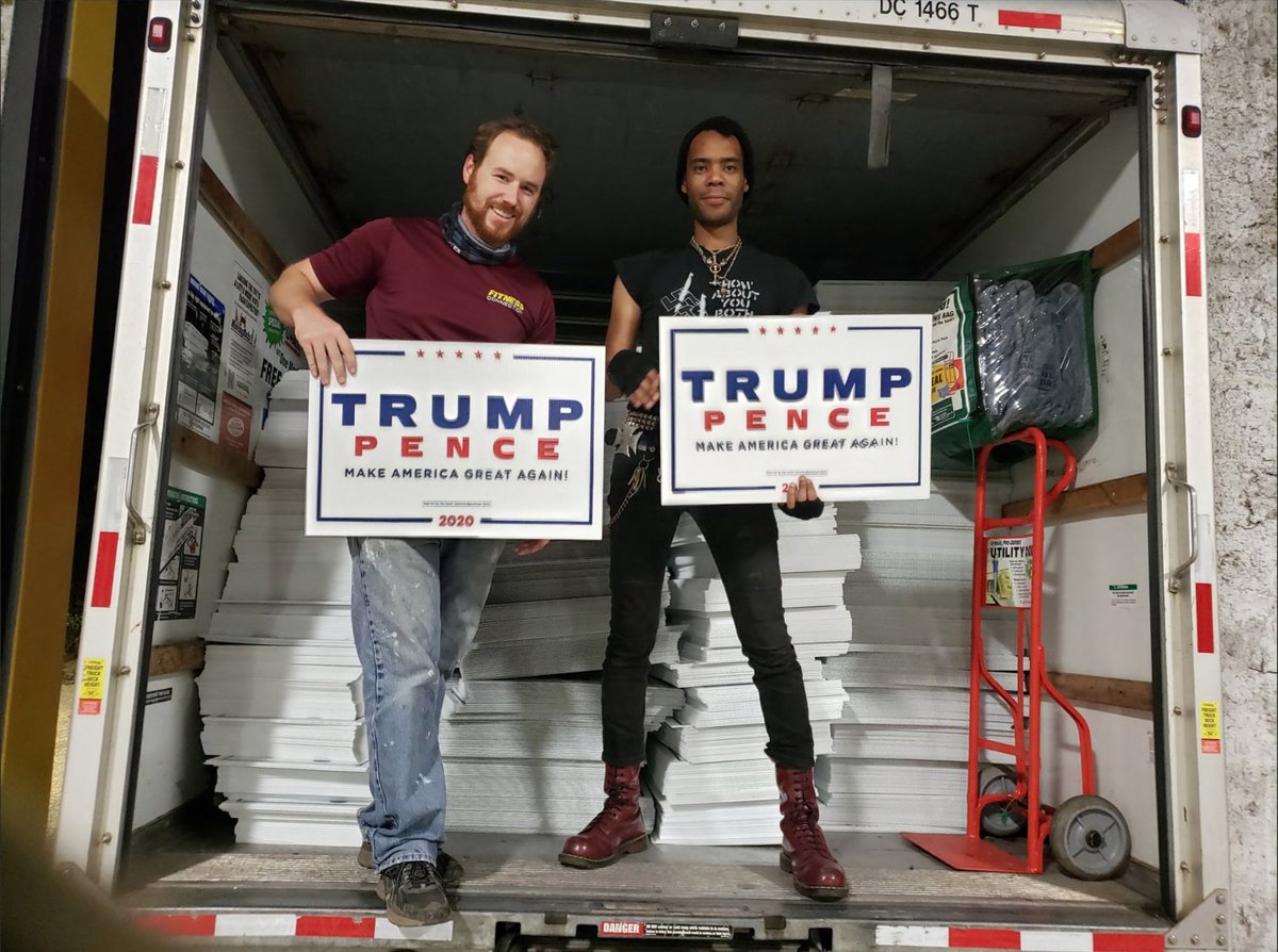 Last month, Dingee and Hill distributed Trump2020 yard signs. re: Hill’s “I’m not associated w/ white nationalism” Thor's hammer / Mjölnir pendant & Iron Cross / footed cross belt charm w/ what appears to be an ironic shirt in this photo. https://twitter.com/CharlesDingee/status/1317261688731848705