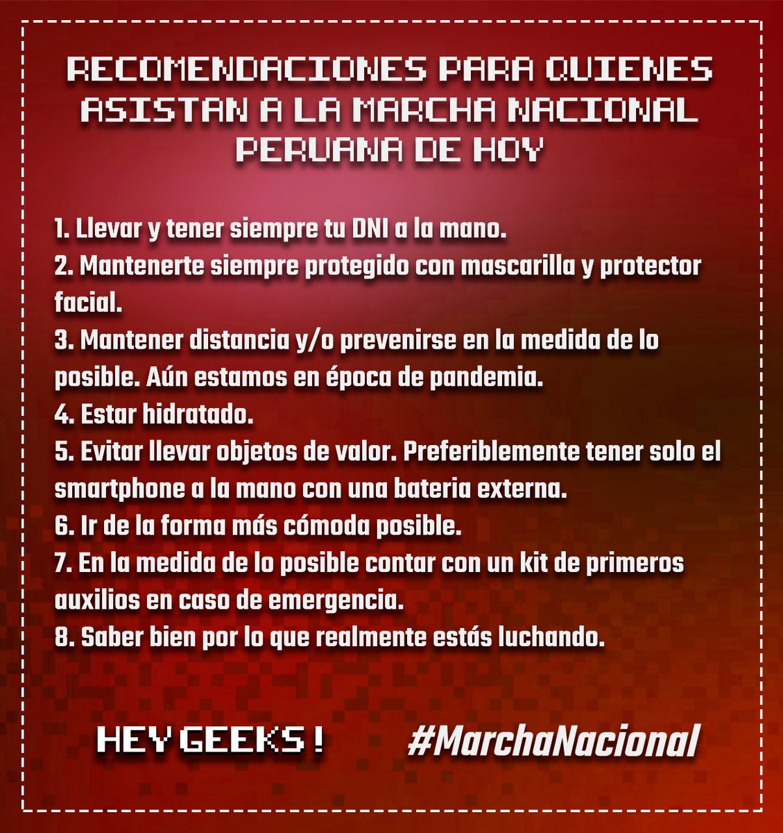 HeyGeeksPe's tweet photo. #HEYGeeks
En vista de que nuestro país se encuentra pasando por una situación bastante delicada por la crisis política y que se ha convocado el día de hoy a una gran marcha nacional a la que mucha gente asistirá, aquí unas recomendaciones.
#MarchaPeru https://t.co/2zIFn0rOL2