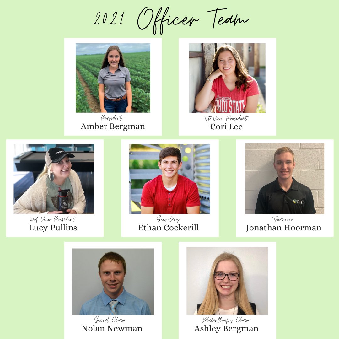 osuagronomy's tweet photo. Congratulations to our 2021 officer team! 

President-Amber Bergman 
1st Vice President- Cori Lee 
2nd Vice President- Lucy Pullins 
Secretary- Ethan Cockerill 
Treasurer- Jonathan Hoorman 
Social Chair- Nolan Newman 
Philanthropy Chair- Ashley Bergman https://t.co/w5kgpENIix