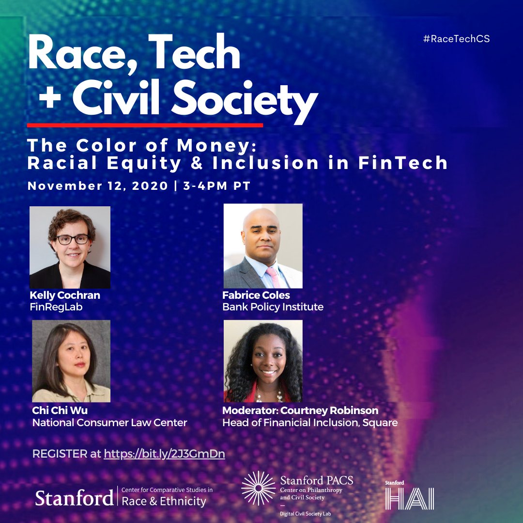 DigCivSoc's tweet image. Don&apos;t miss! TODAY at 3 pm, our #RaceAndTech speaker series with @stanfordccsre: The promises and perils of innovation in the context of financial inclusion, fair lending, and the role of policy in fostering economic and racial equity.

RSVP here: bit.ly/35jAlva