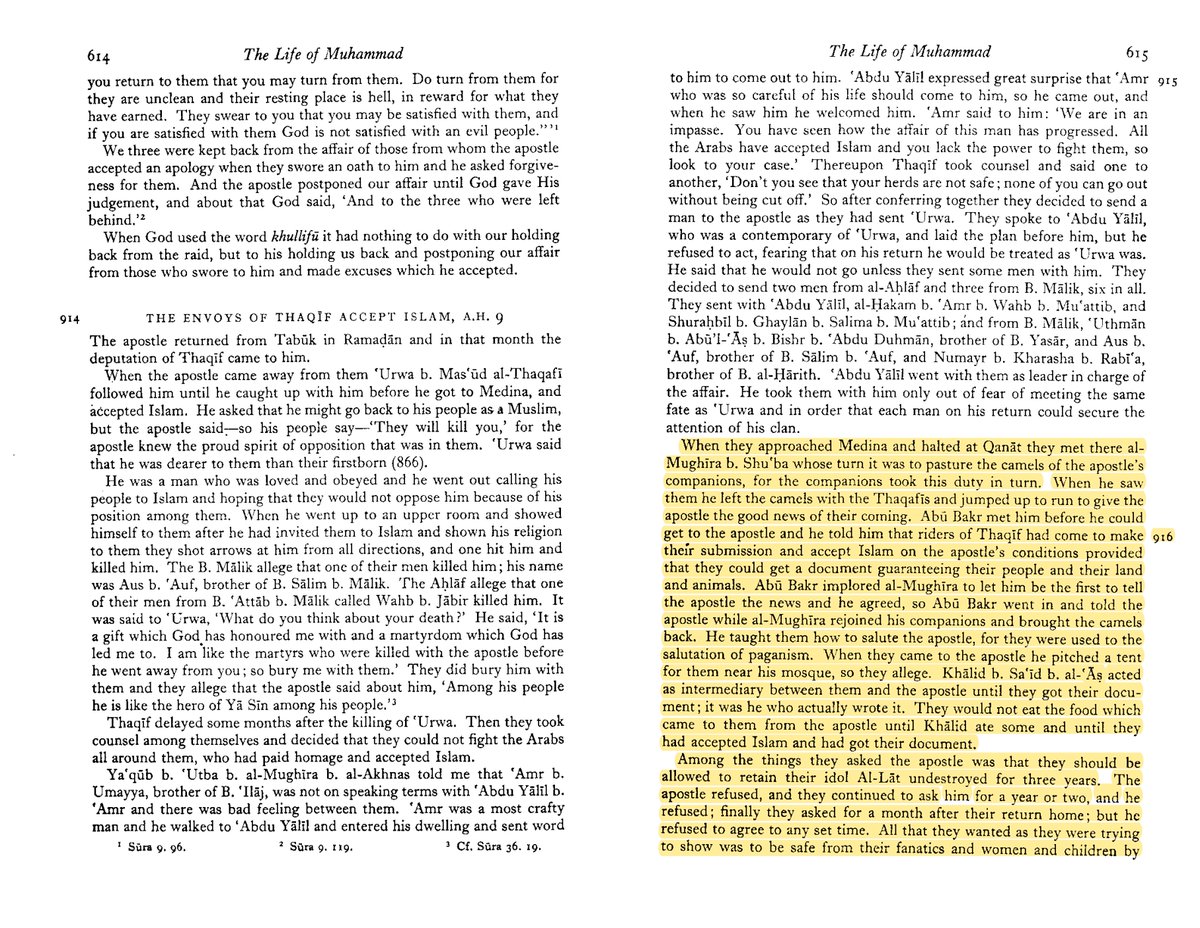 15/n As per, Ibn Ishaq ,Taqifs accepted Islam & sent their couriers to Md to announce their conversion, & in return asked for a promise that they would no longer by harassed by the Muslims. They had also requested for a grace period before giving up their old faith completely.