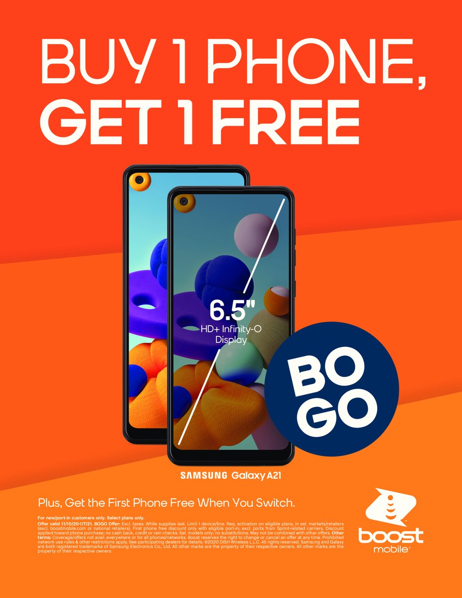 Boost Mobile Family Plan – Buy One Get One (BOGO) Promotion on Samsung Galaxy A21 - That's a $149.99 value phone for FREE with Port-In, and another line FREE as well!!! #TheNorth #boostmobile #freephone #offers #BOGO #PROMOTION