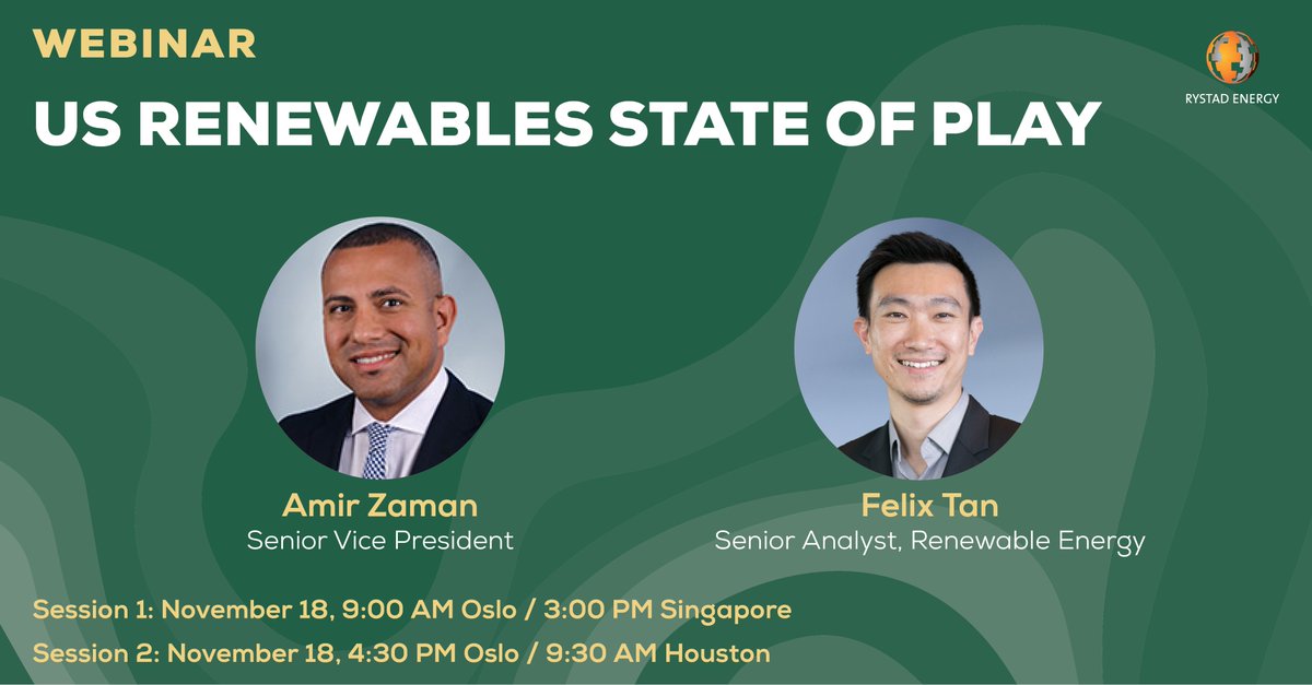 RystadEnergy's tweet photo. US Renewables State of Play - Join Amir Zaman and Felix Tan discussing benchmarking US states &amp; companies, technology developments and more in in our upcoming webinar. Sign up here > https://t.co/dYCbh5Nw4T 
#RenewableEnergy #energytransition #solarpv #WindEnergy #hydrogen https://t.co/S14vtI1ElA