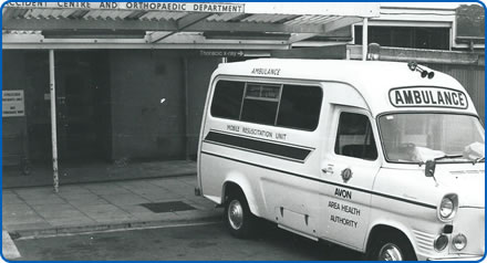 In early trials the scheme used cars and taxis to get an anaesthetist to the patient. But then he hit on the idea of involving the ambulance service - this is his first Mobile Resuscitation Unit at the Frenchay Hospital in Bristol.