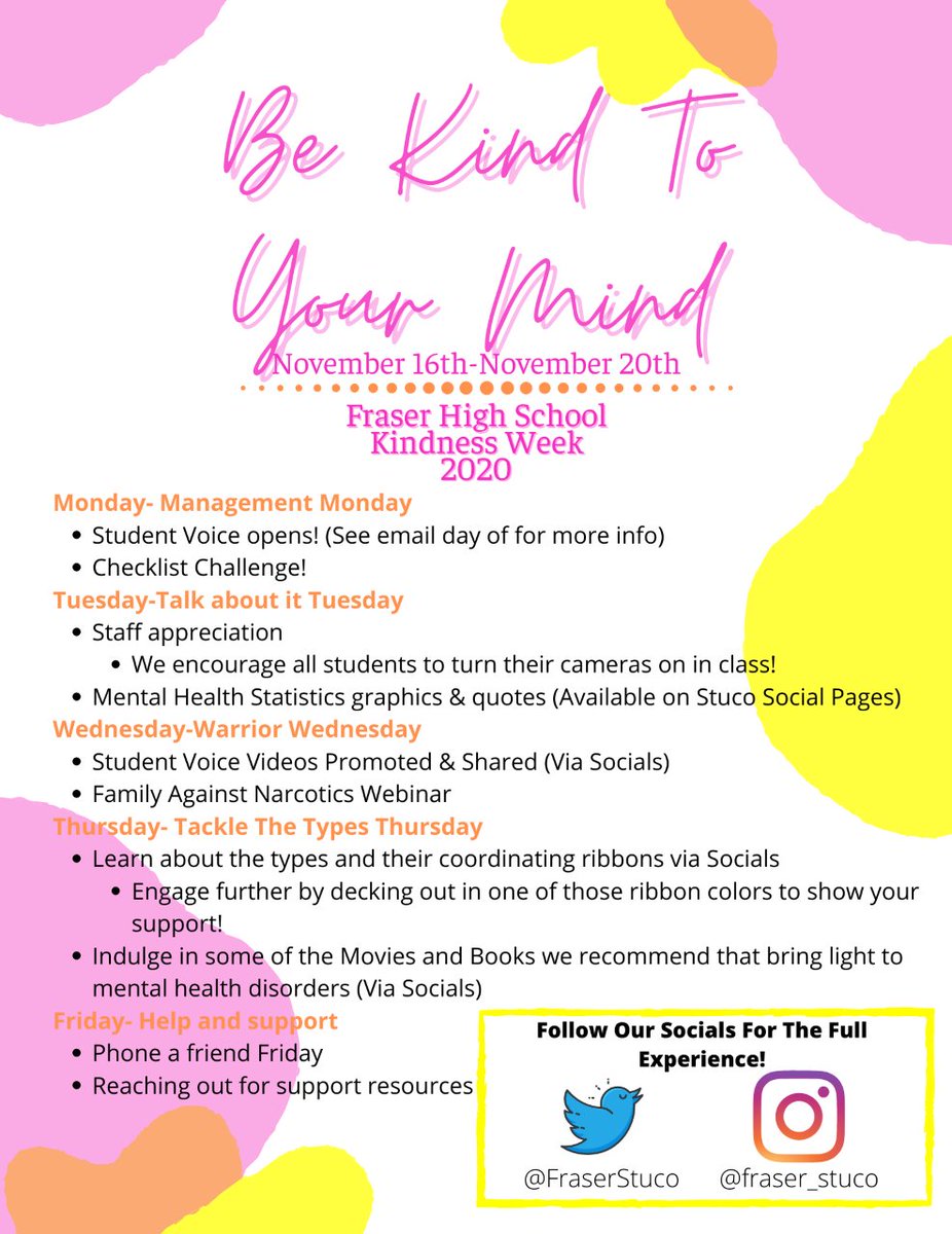 Next week <a href="/FraserStuco/">Fraser Student Council</a> is putting on a Virtual Kindness Week with a focus on mental health! Students and staff are encouraged to spread kindness and support one another throughout the week and beyond. #FraserFamily #MentalHealthMatters #BeKind #VirtualKindnessWeek2020