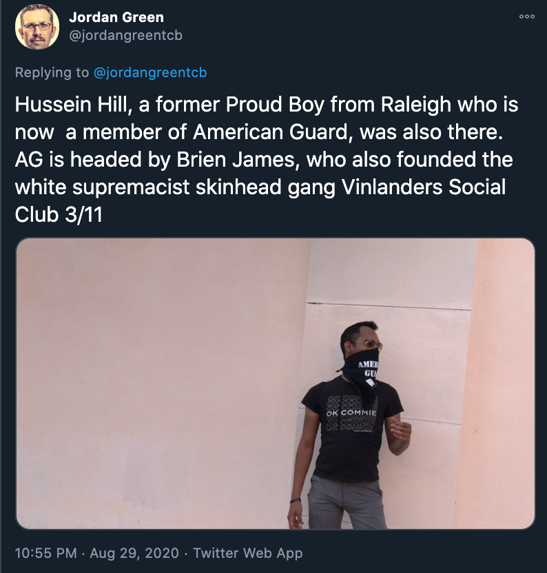 Hussein Hill is an extremist based in NC Triangle & hs bn out at events recently. He attended the Aug 2020 SaveTheChildren event in Fayetteville; Proud Boys were allegedly asked to act as event security but instead dominated media coverage & diverted attention away from the event