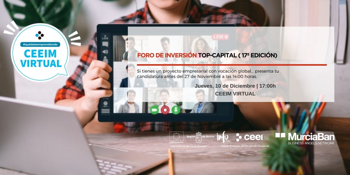 CeeiMurcia's tweet photo. El 27 de noviembre es la fecha tope para presentar tu inscripción al foro #TopCapital organizado por @Murciaban. No dejes pasar esta oportunidad de lanzar tu proyecto a través de capital privado.

¡Te esperamos, apúntate ya!
📝https://t.co/ipcIevcYHD https://t.co/7eC0FG2IeZ