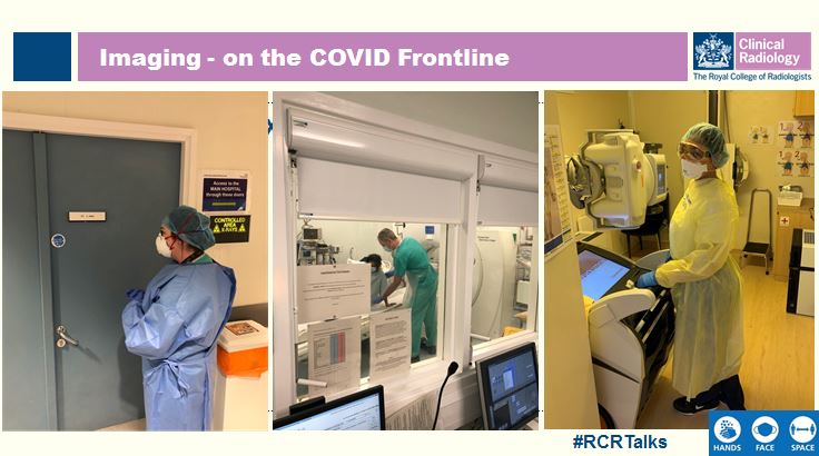 RCRadiologists's tweet photo. Dr Hare showed how life has changed for #imaging teams – with full PPE for radiographers and radiologists making work more difficult, and radiographers doing more scanning with portable equipment to help with #COVID19 infection control.
#RCRTalks https://t.co/LbUjDYPNvC
