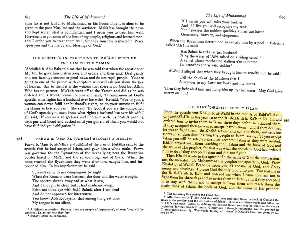 18/n As per Ibn Ishaq, Muhammad had congratulated a distant king on accepting Islam & “killing the polytheists”. Further he directed another military leader to invite a neighboring tribe to covert to Islam and slaughter upon refusal.