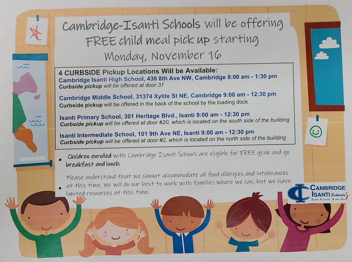 Children enrolled with Cambridge-Isanti Schools are welcome to come and pick up grab and go meals at these locations and times.