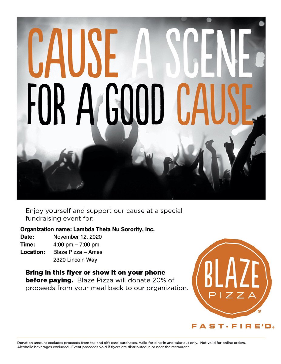 aelambdathetanu's tweet photo. Thinking of getting some pizza? Go to Blaze Pizza in Ames from 4:00-7:00pm today and show this flyer to support our chapter! 🍕 You can also order online for pick up through the Blaze App using code “1229A”. All proceeds will go to our Tijeras Philanthropy. ✂️❤️ https://t.co/UhBtfRNBpi