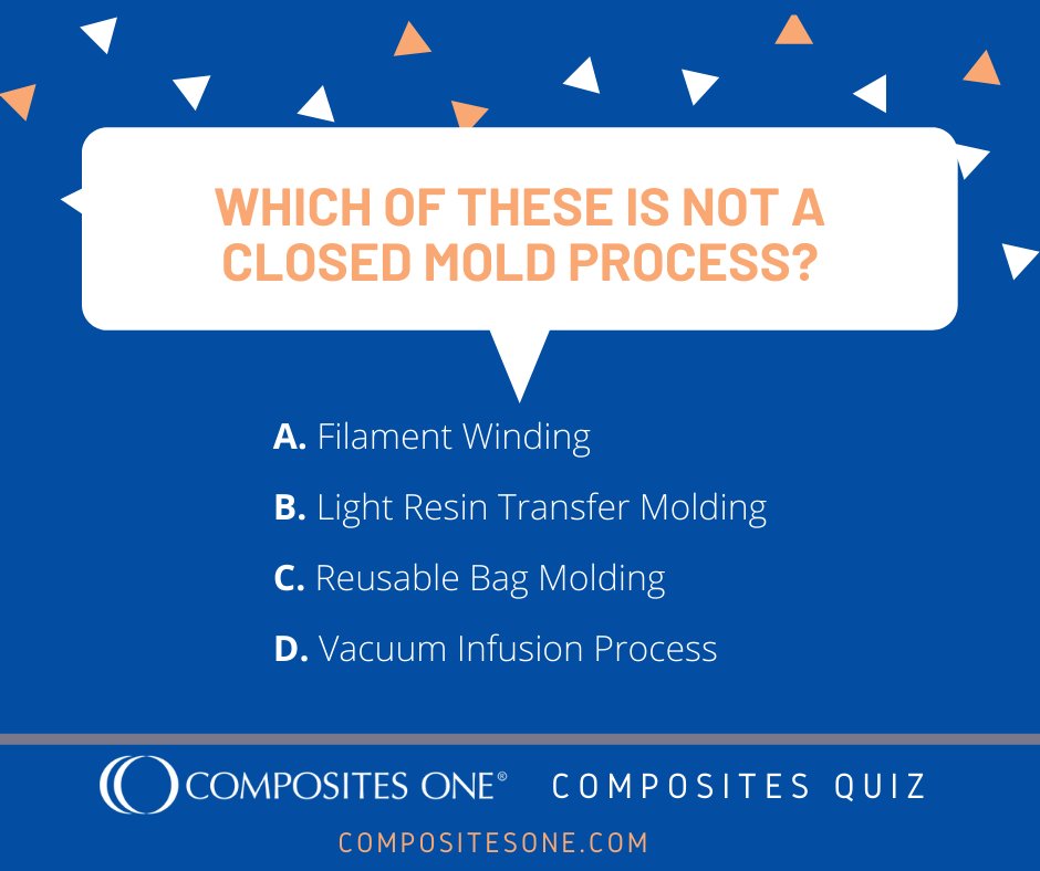 compositesone's tweet photo. How well do you know your closed mold processes? Test your knowledge below with the latest #compositesquiz from Composites One!
#quiztime #knowledge #trivia #composites #closedmolding https://t.co/rF7riFgCWR