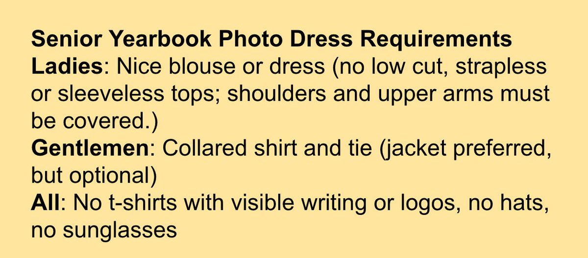 Class of 2021! Senior Yearbook picture day is this Saturday, November 14. If you haven't already made your appointment, do so now at prestigeportraits.com. Please follow the preferred dress requirements. Email me if you have questions.