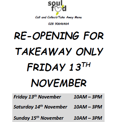 soulfoodcafe395's tweet photo. After much time frustratingly waiting for clarity on Local Restrictions ...
The Team at Soulfood will be opening for Takeaway/Call & Collect ONLY this weekend with a restricted menu. See opening times...
#ormeauroadbelfast #OrmeauRoad #takeaway #localrestrictions #localbusiness https://t.co/OKvMix6u9C
